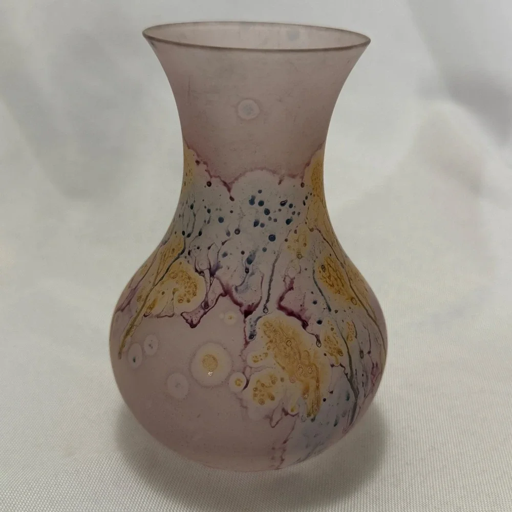 Israeli Hand Painted Art Glass Bud Vase Pink Gold Drip Boho Cottagecore Vintage‎